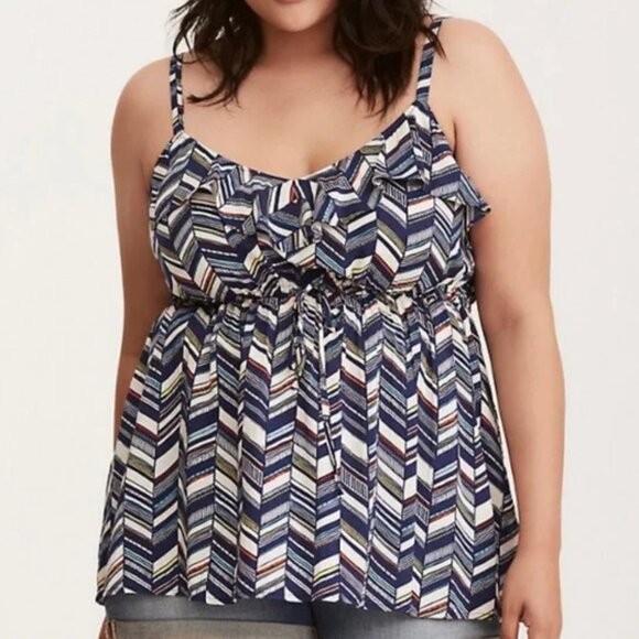 TORRID 3 Plus Size Chevron Print Challis Ruffle Babydoll Top Blue White Boho 3X - Picture 1 of 16